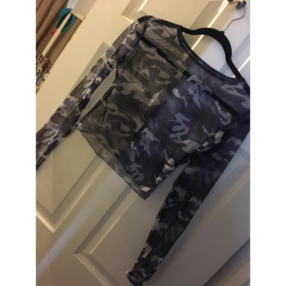 Blue and Black Mesh Camo Crop Top Long Sleeve